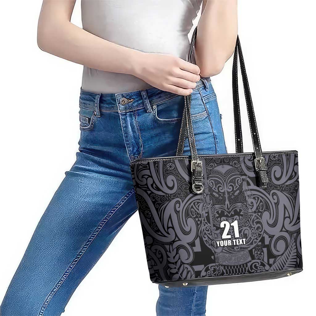 Custom New Zealand Taiaha Maori Leather Tote Bag Minimalist Silver Fern All Black LT9 - Polynesian Pride