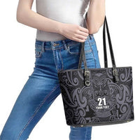 Custom New Zealand Taiaha Maori Leather Tote Bag Minimalist Silver Fern All Black LT9 - Polynesian Pride