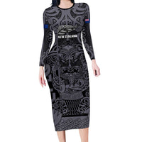 Custom New Zealand Taiaha Maori Long Sleeve Bodycon Dress Minimalist Silver Fern All Black LT9 Long Dress Black - Polynesian Pride