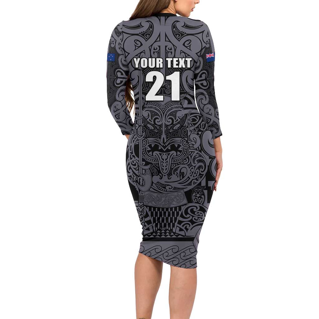 Custom New Zealand Taiaha Maori Long Sleeve Bodycon Dress Minimalist Silver Fern All Black LT9 - Polynesian Pride