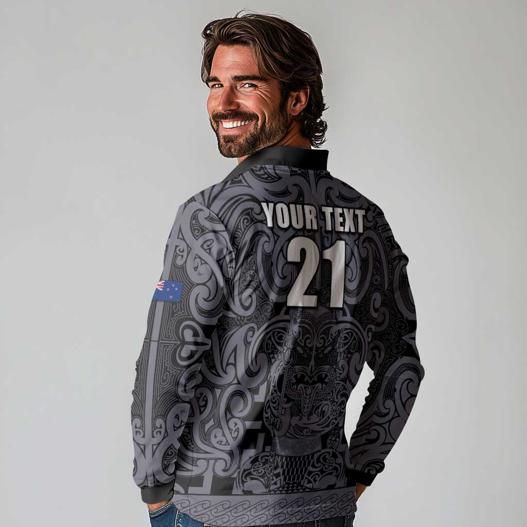 Custom New Zealand Taiaha Maori Long Sleeve Polo Shirt Minimalist Silver Fern All Black LT9 - Polynesian Pride