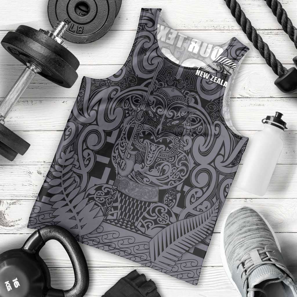 Custom New Zealand Taiaha Maori Men Tank Top Minimalist Silver Fern All Black LT9 - Polynesian Pride