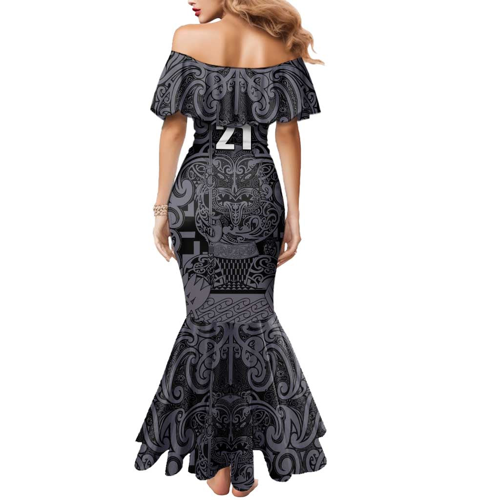 Custom New Zealand Taiaha Maori Mermaid Dress Minimalist Silver Fern All Black LT9 - Polynesian Pride