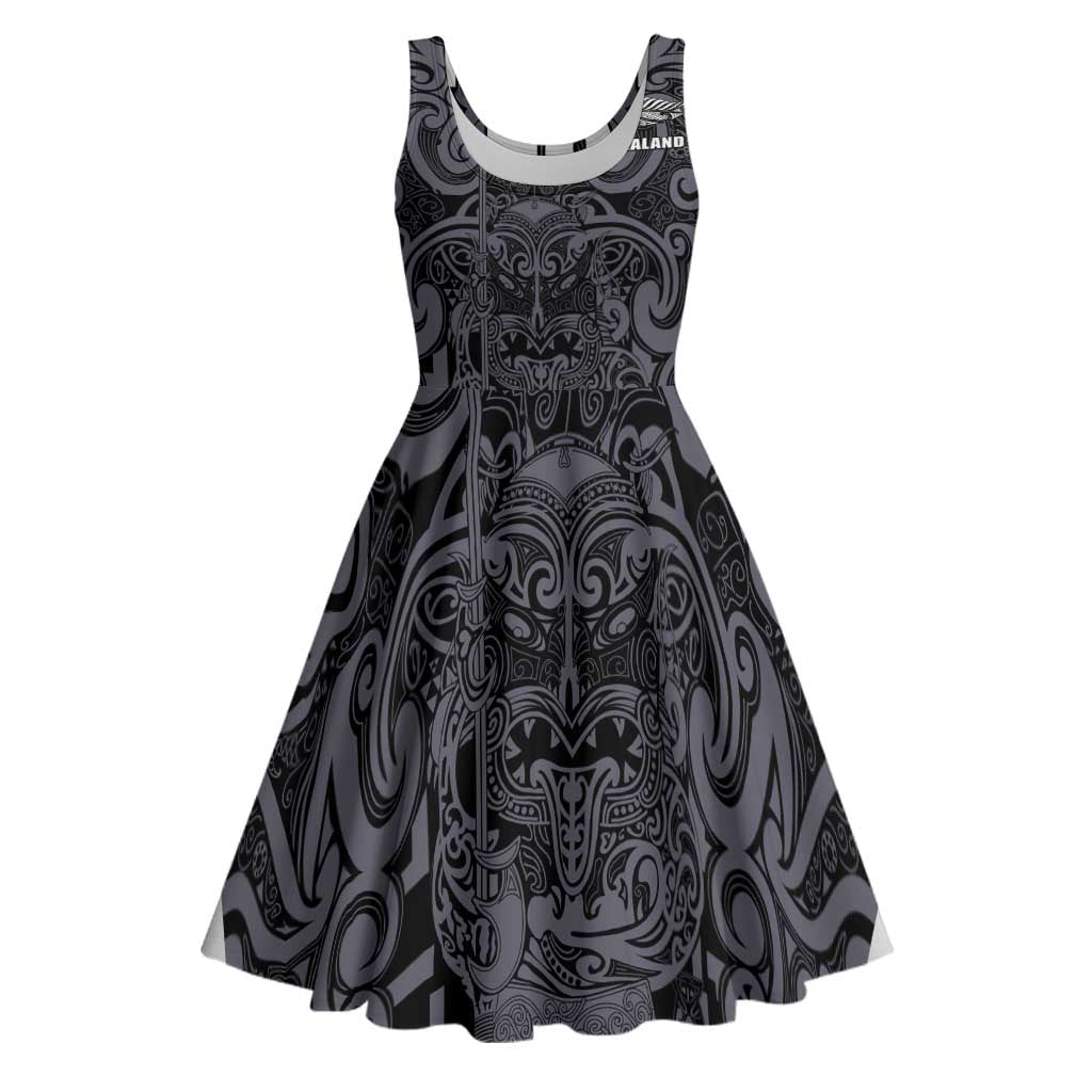 Custom New Zealand Taiaha Maori Midi Dress Minimalist Silver Fern All Black LT9 Black - Polynesian Pride