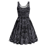 Custom New Zealand Taiaha Maori Midi Dress Minimalist Silver Fern All Black LT9 Black - Polynesian Pride