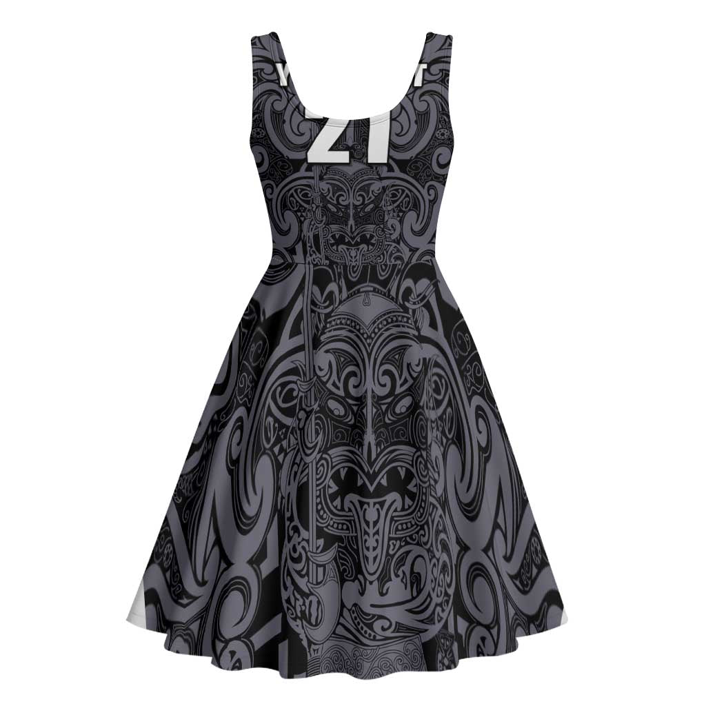 Custom New Zealand Taiaha Maori Midi Dress Minimalist Silver Fern All Black LT9 - Polynesian Pride