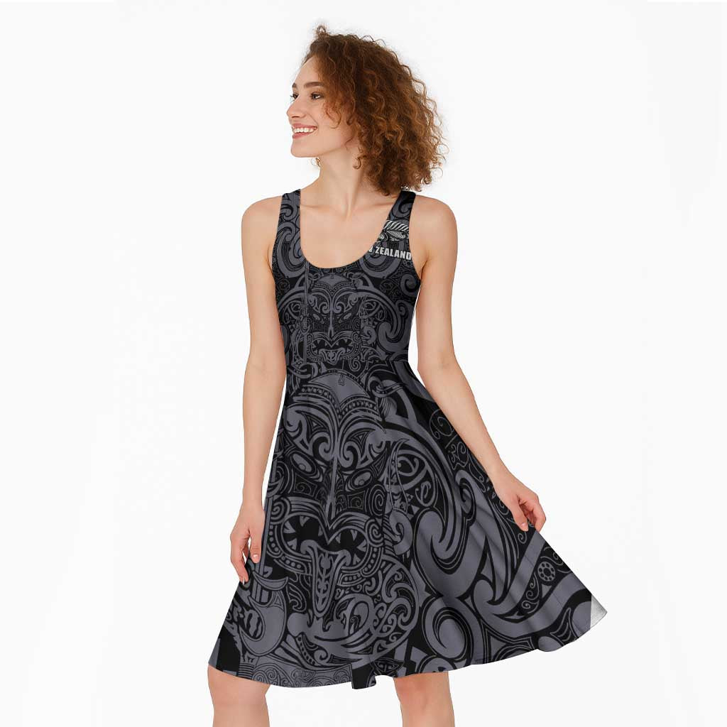 Custom New Zealand Taiaha Maori Midi Dress Minimalist Silver Fern All Black LT9 - Polynesian Pride