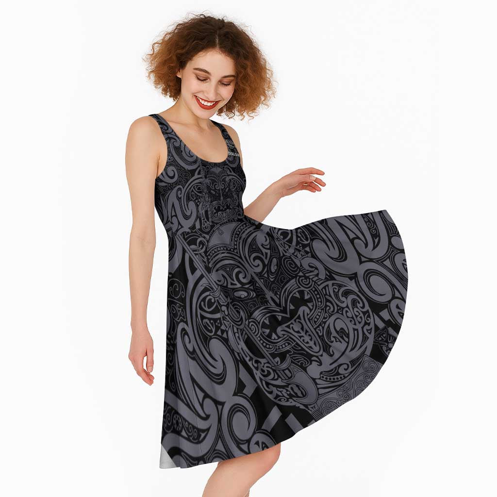 Custom New Zealand Taiaha Maori Midi Dress Minimalist Silver Fern All Black LT9 - Polynesian Pride