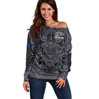 Custom New Zealand Taiaha Maori Off Shoulder Sweater Minimalist Silver Fern All Black LT9 Women Black - Polynesian Pride