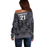 Custom New Zealand Taiaha Maori Off Shoulder Sweater Minimalist Silver Fern All Black LT9 - Polynesian Pride