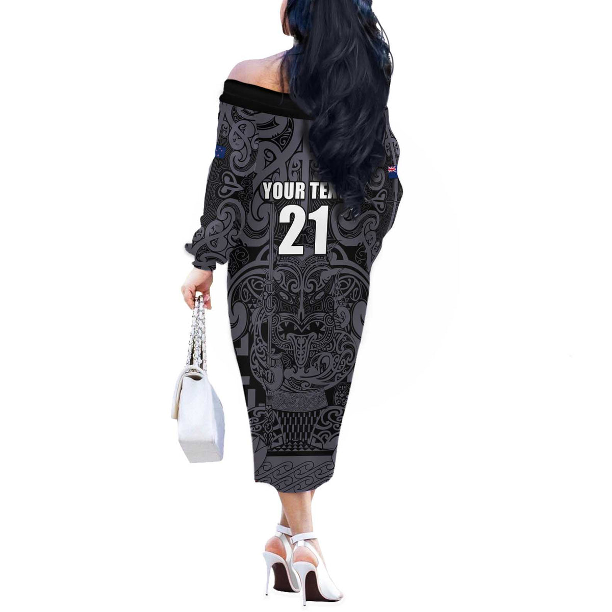 Custom New Zealand Taiaha Maori Off The Shoulder Long Sleeve Dress Minimalist Silver Fern All Black LT9 - Polynesian Pride