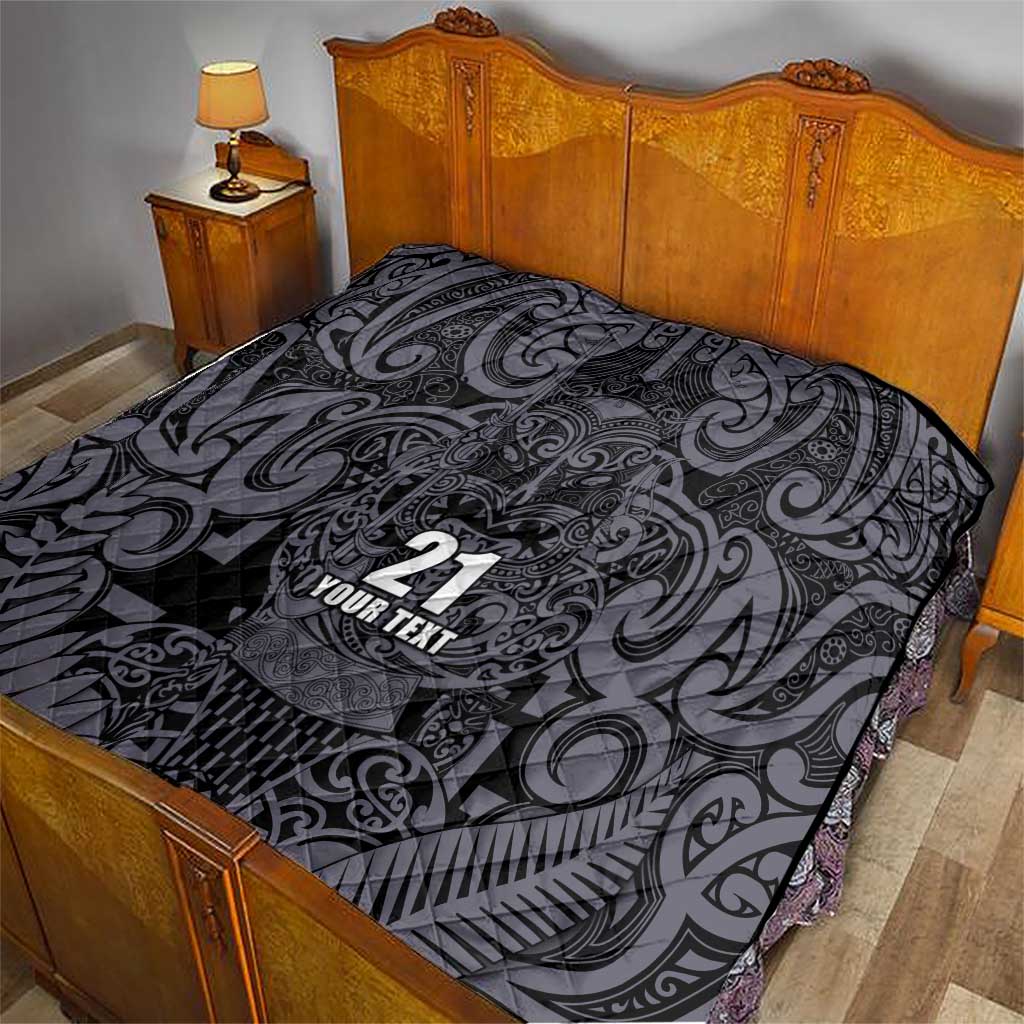 Custom New Zealand Taiaha Maori Quilt Minimalist Silver Fern All Black - Polynesian Pride