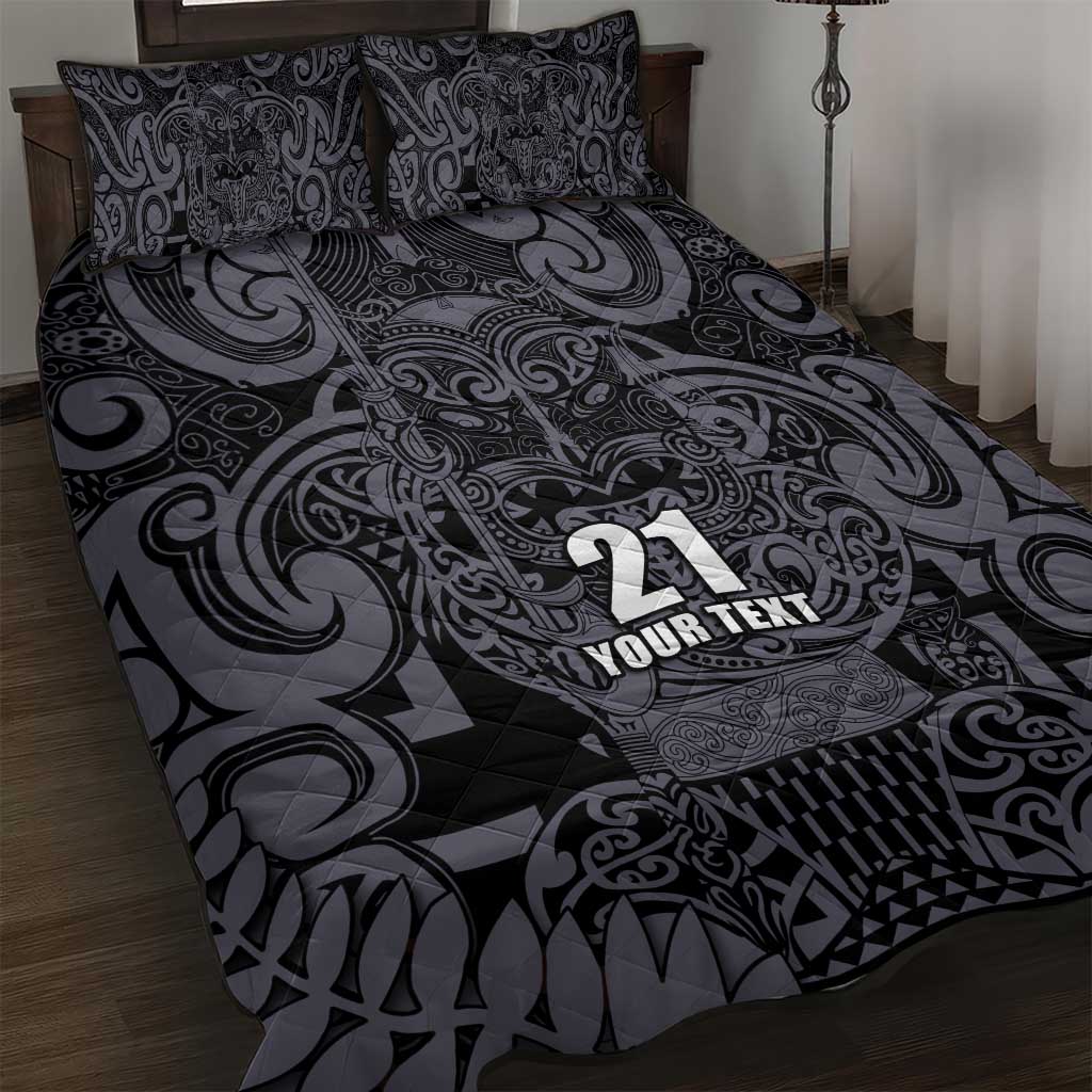 Custom New Zealand Taiaha Maori Quilt Bed Set Minimalist Silver Fern All Black LT9 Black - Polynesian Pride