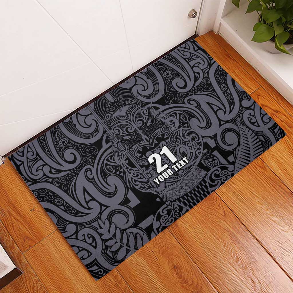 Custom New Zealand Taiaha Maori Rubber Doormat Minimalist Silver Fern All Black - Polynesian Pride