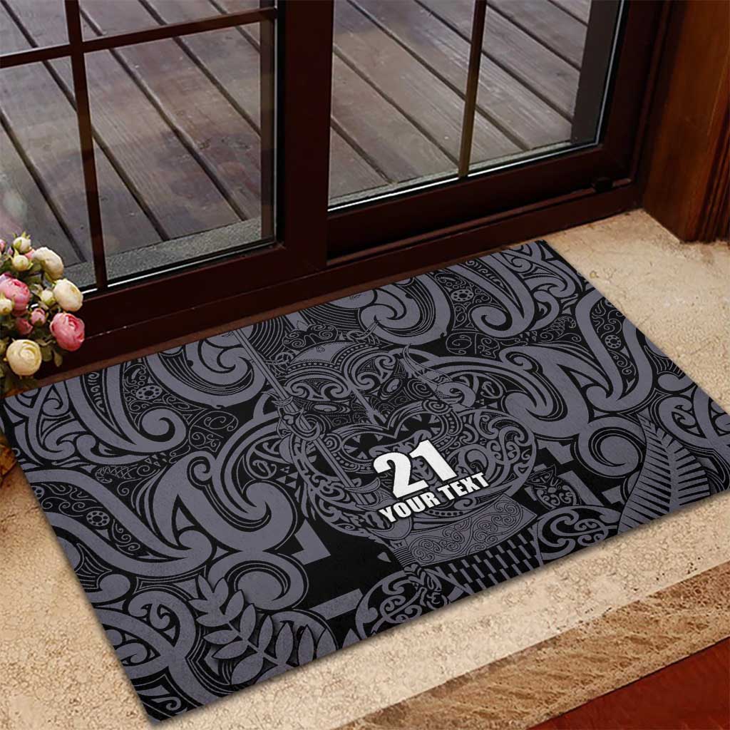 Custom New Zealand Taiaha Maori Rubber Doormat Minimalist Silver Fern All Black - Polynesian Pride