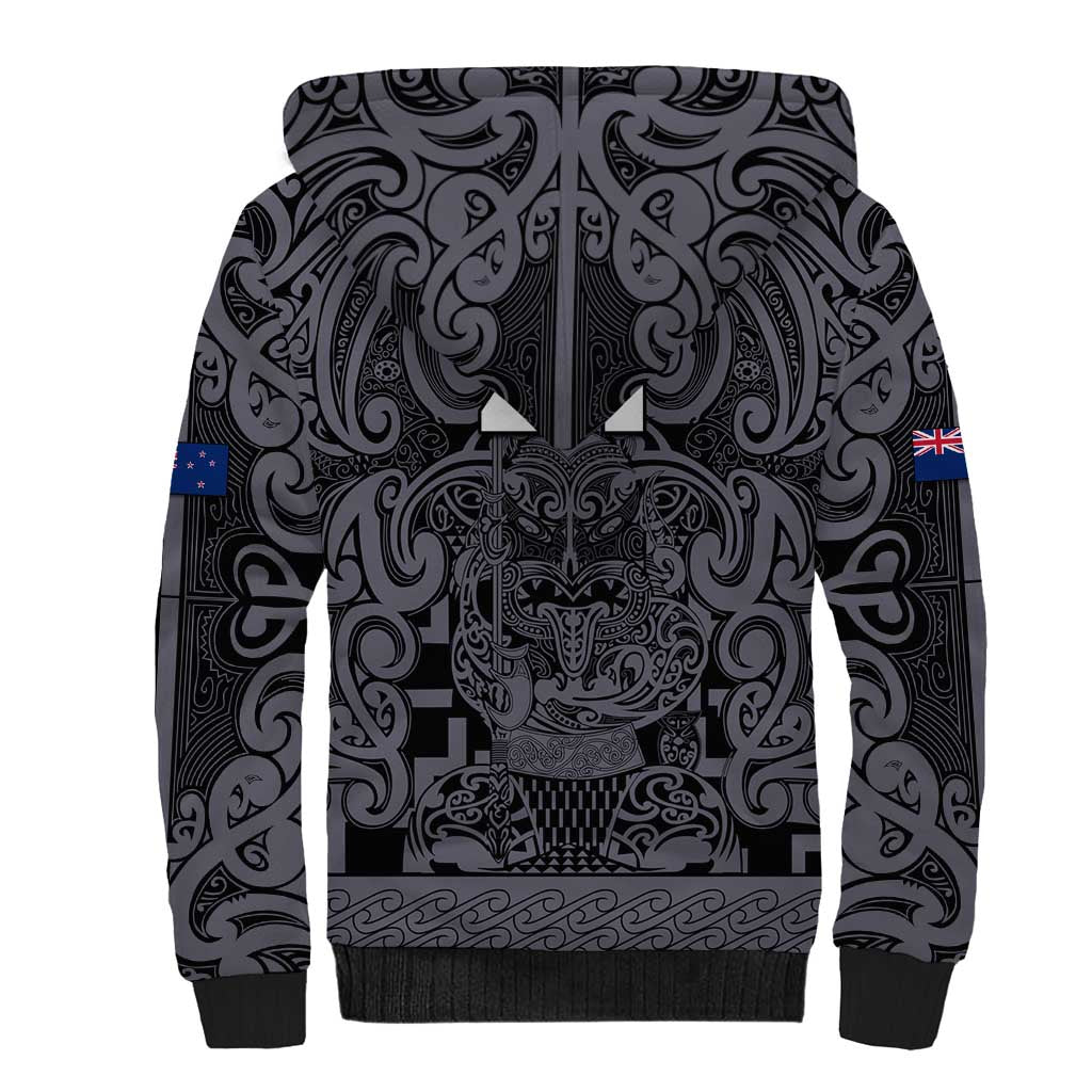 Custom New Zealand Taiaha Maori Sherpa Hoodie Minimalist Silver Fern All Black LT9 - Polynesian Pride
