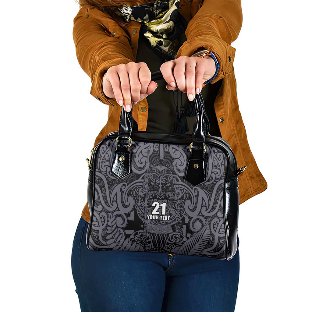 Custom New Zealand Taiaha Maori Shoulder Handbag Minimalist Silver Fern All Black LT9 One Size Black - Polynesian Pride