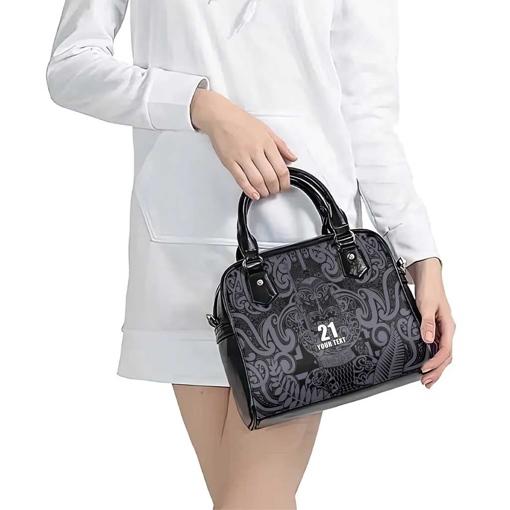 Custom New Zealand Taiaha Maori Shoulder Handbag Minimalist Silver Fern All Black LT9 - Polynesian Pride