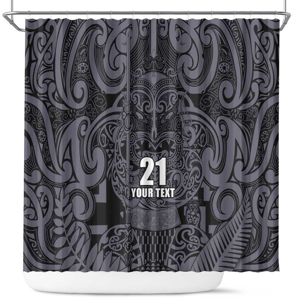 Custom New Zealand Taiaha Maori Shower Curtain Minimalist Silver Fern All Black LT9 Black - Polynesian Pride