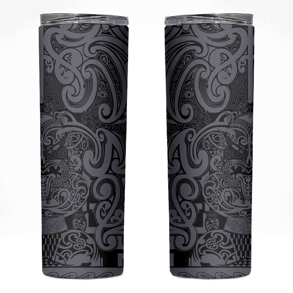 New Zealand Taiaha Maori Skinny Tumbler Minimalist Silver Fern All Black LT9 Black - Polynesian Pride