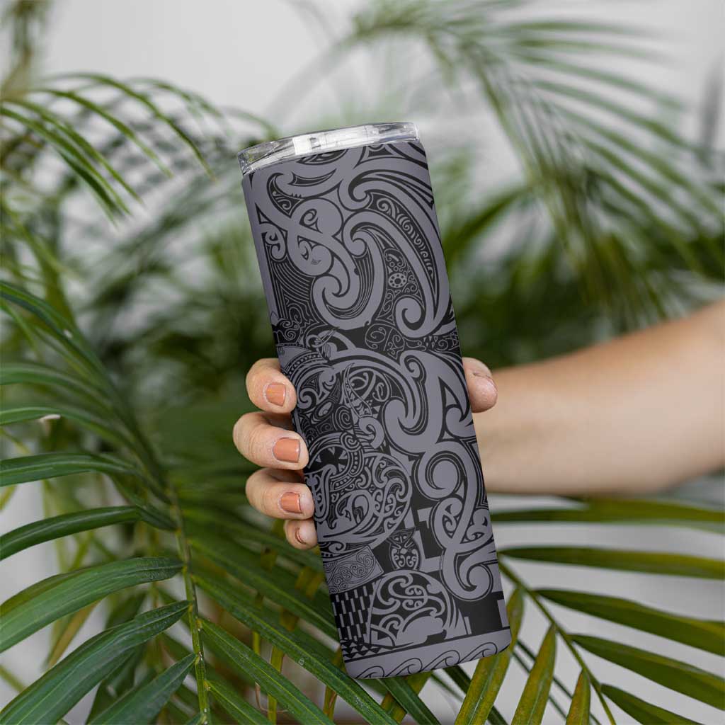 New Zealand Taiaha Maori Skinny Tumbler Minimalist Silver Fern All Black LT9 - Polynesian Pride