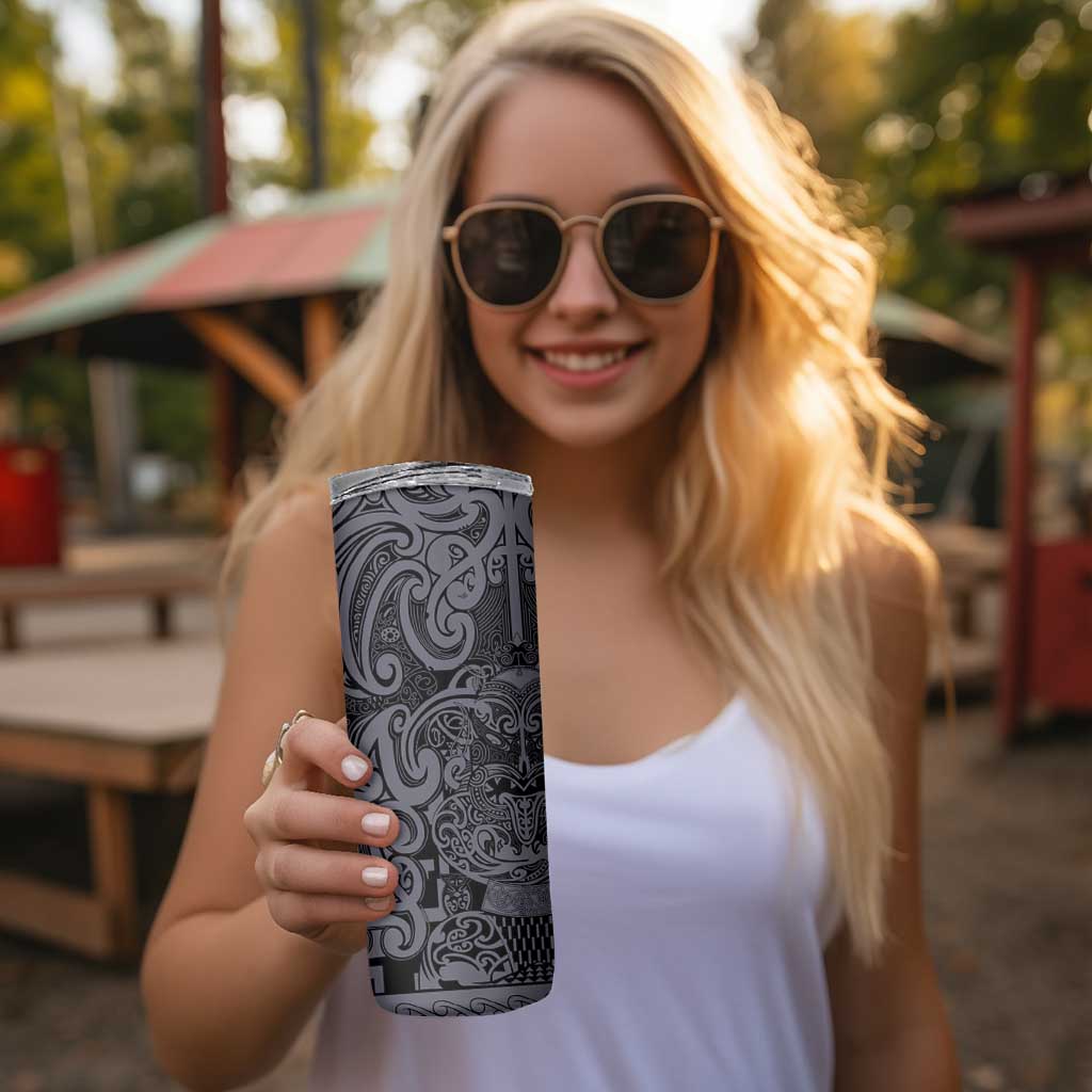 New Zealand Taiaha Maori Skinny Tumbler Minimalist Silver Fern All Black LT9 - Polynesian Pride