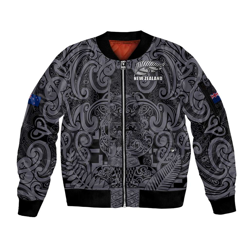 Custom New Zealand Taiaha Maori Sleeve Zip Bomber Jacket Minimalist Silver Fern All Black LT9 Unisex Black - Polynesian Pride