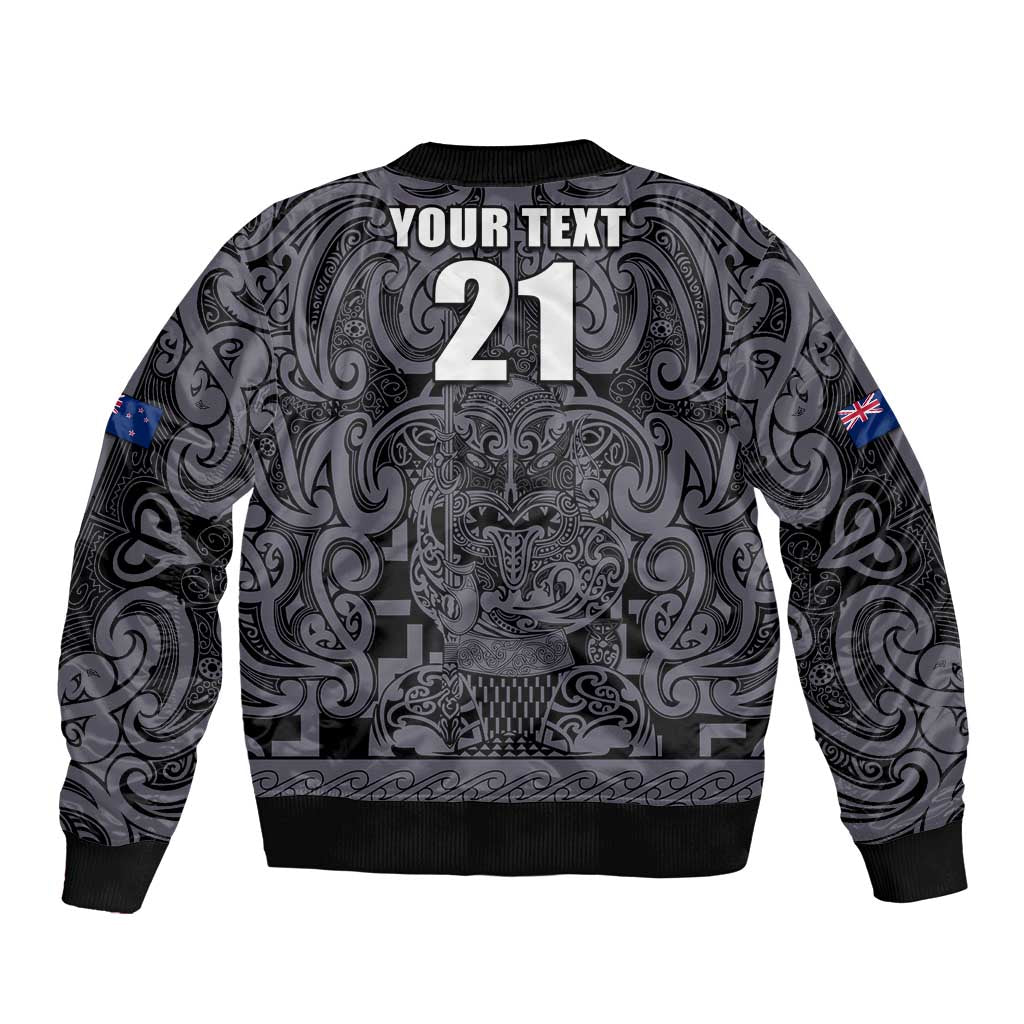 Custom New Zealand Taiaha Maori Sleeve Zip Bomber Jacket Minimalist Silver Fern All Black LT9 - Polynesian Pride