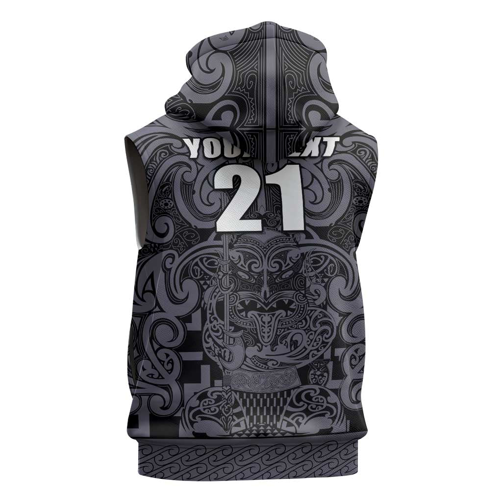Custom New Zealand Taiaha Maori Sleeveless Hoodie Minimalist Silver Fern All Black LT9 - Polynesian Pride