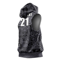 Custom New Zealand Taiaha Maori Sleeveless Hoodie Minimalist Silver Fern All Black LT9 - Polynesian Pride