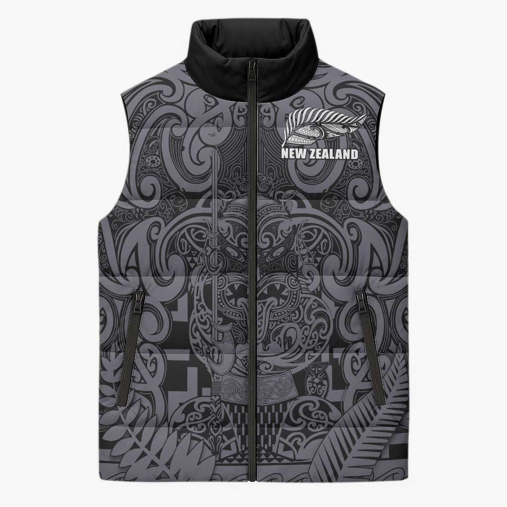 Custom New Zealand Taiaha Maori Sleeveless Puffer Jacket Minimalist Silver Fern All Black - Polynesian Pride