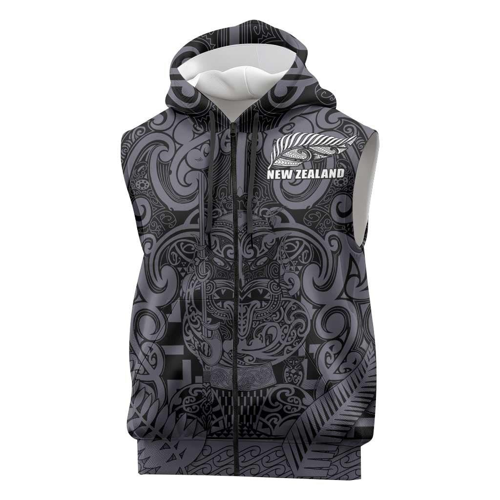 Custom New Zealand Taiaha Maori Sleeveless Zip Hoodie Minimalist Silver Fern All Black LT9 Black - Polynesian Pride