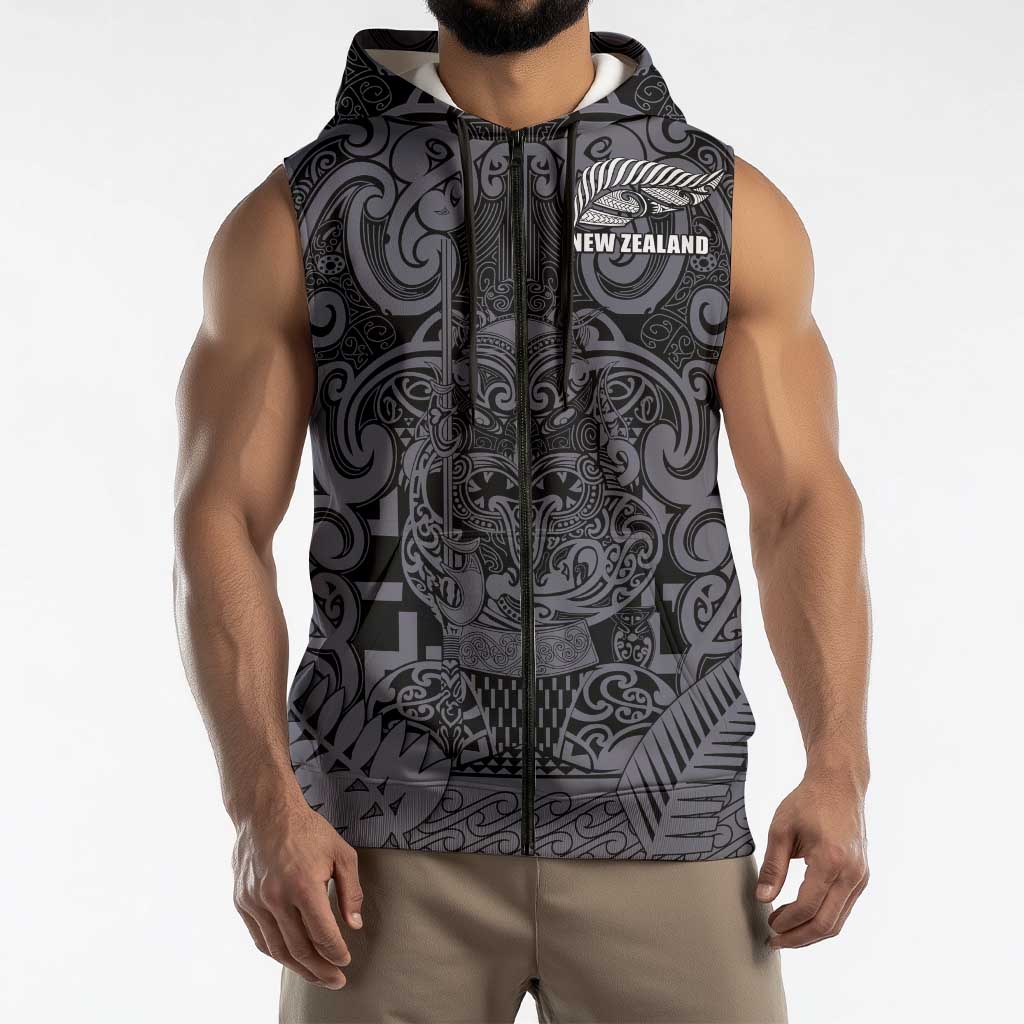 Custom New Zealand Taiaha Maori Sleeveless Zip Hoodie Minimalist Silver Fern All Black LT9 - Polynesian Pride
