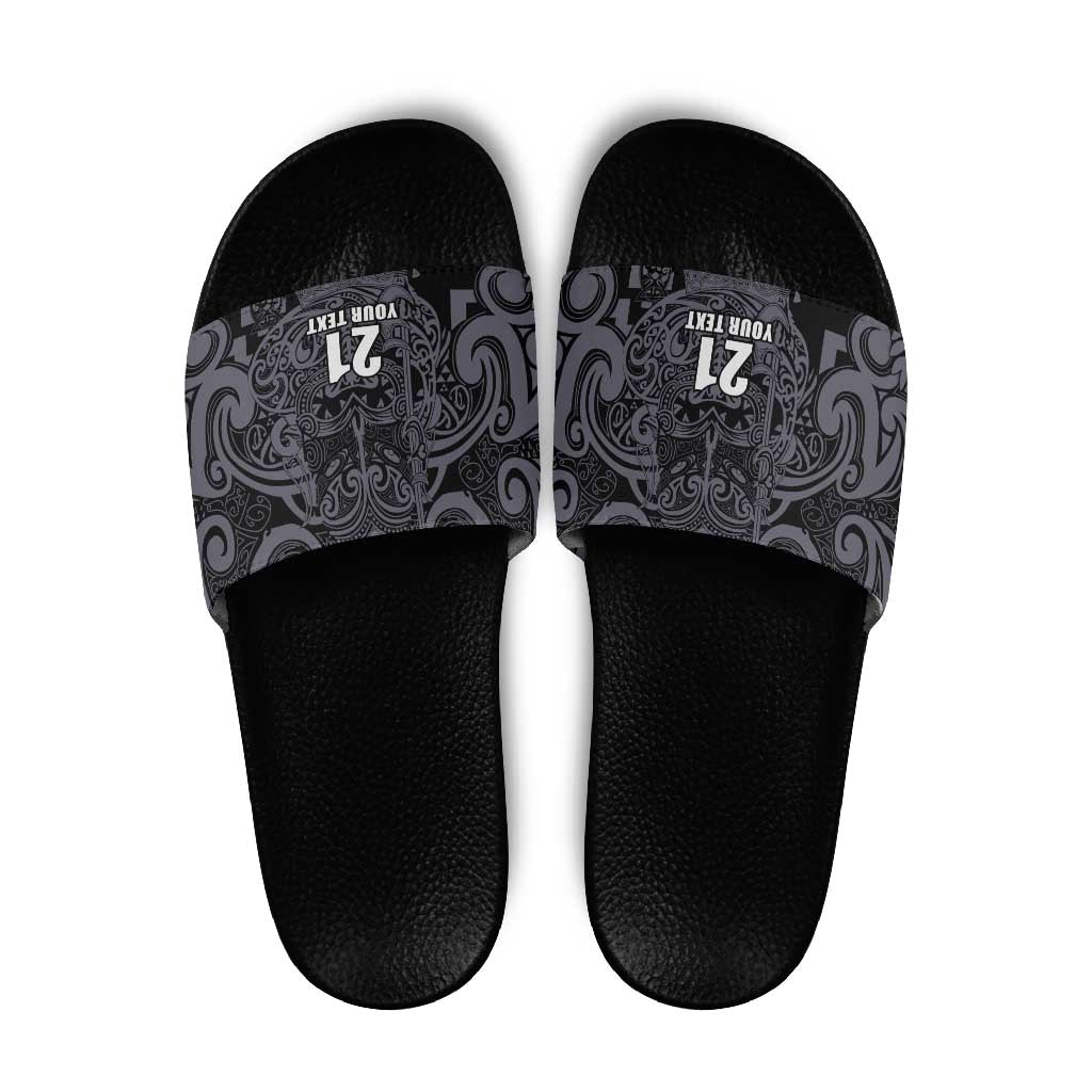 Custom New Zealand Taiaha Maori Slide Sandals Minimalist Silver Fern All Black LT9 Black - Polynesian Pride