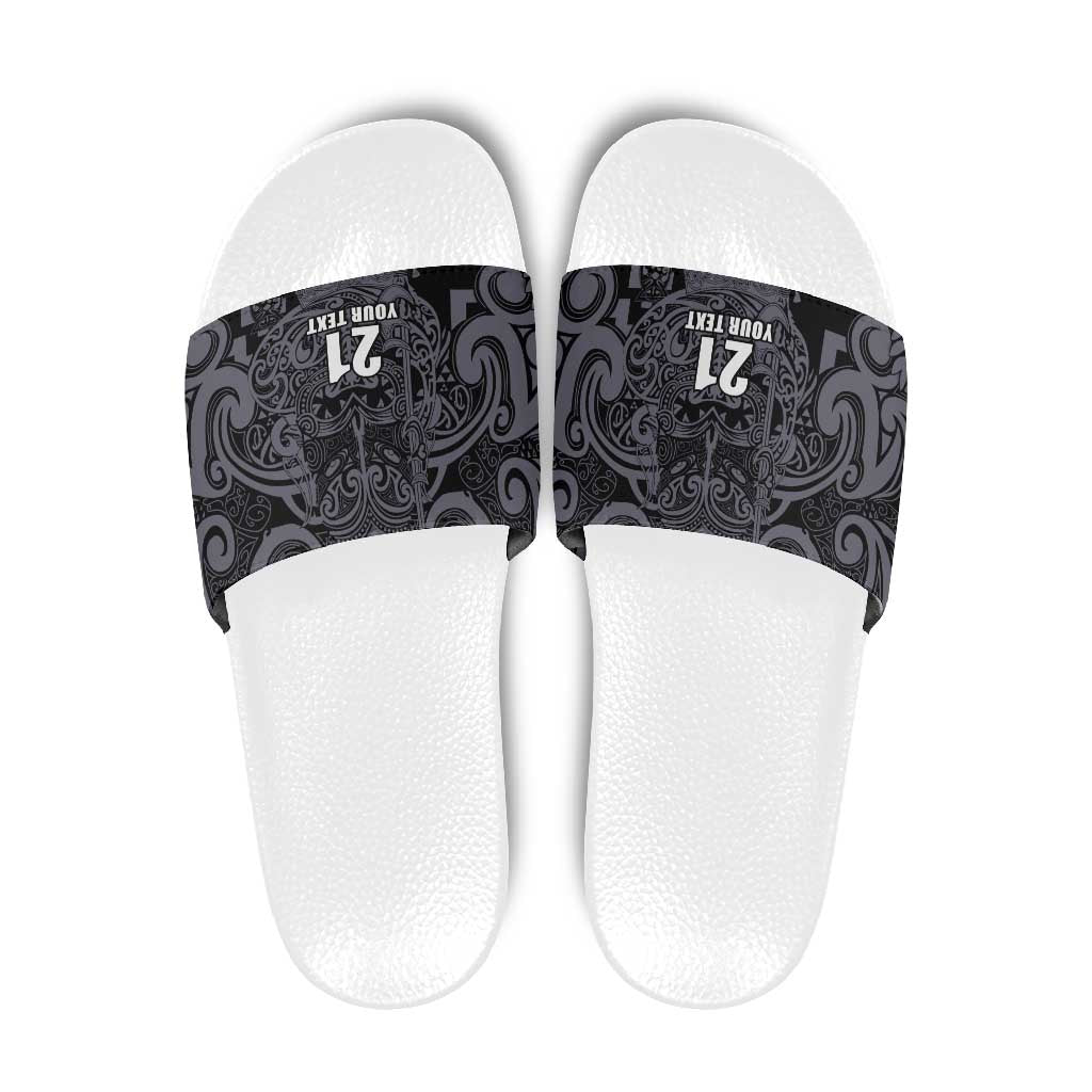 Custom New Zealand Taiaha Maori Slide Sandals Minimalist Silver Fern All Black LT9 Black - Polynesian Pride
