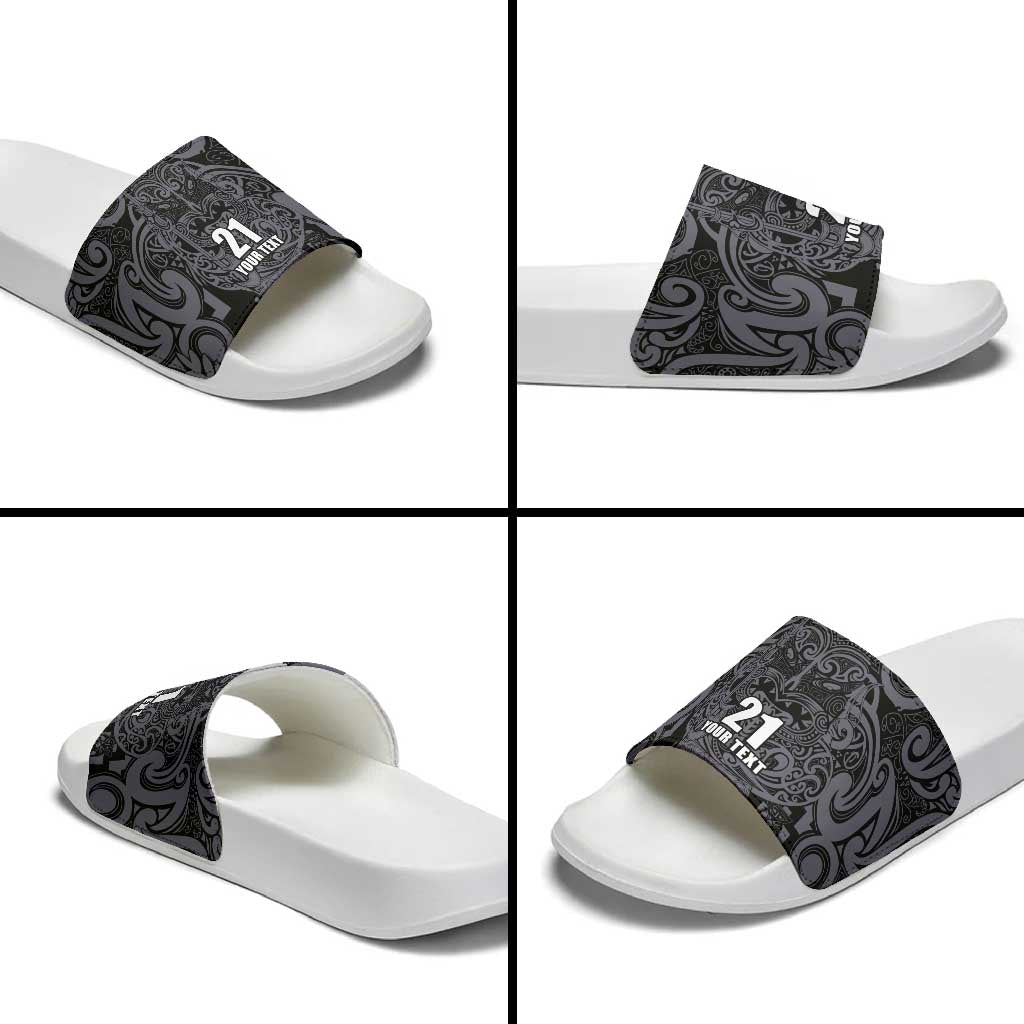 Custom New Zealand Taiaha Maori Slide Sandals Minimalist Silver Fern All Black LT9 - Polynesian Pride