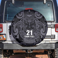 Custom New Zealand Taiaha Maori Spare Tire Cover Minimalist Silver Fern All Black LT9 Black - Polynesian Pride
