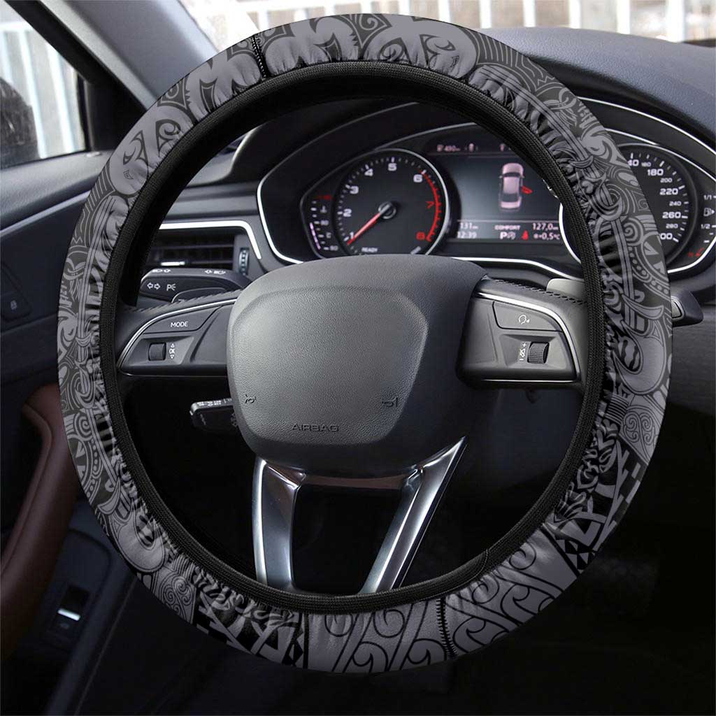 New Zealand Taiaha Maori Steering Wheel Cover Minimalist Silver Fern All Black LT9 - Polynesian Pride