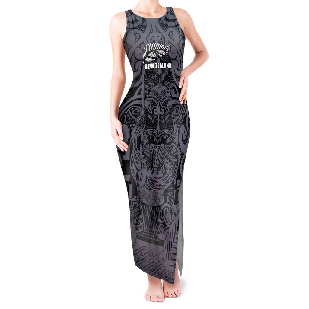 Custom New Zealand Taiaha Maori Tank Maxi Dress Minimalist Silver Fern All Black LT9 Women Black - Polynesian Pride