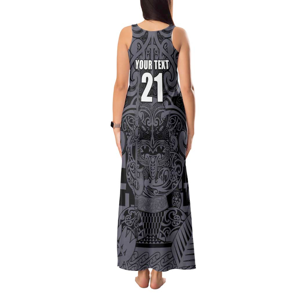 Custom New Zealand Taiaha Maori Tank Maxi Dress Minimalist Silver Fern All Black LT9 - Polynesian Pride