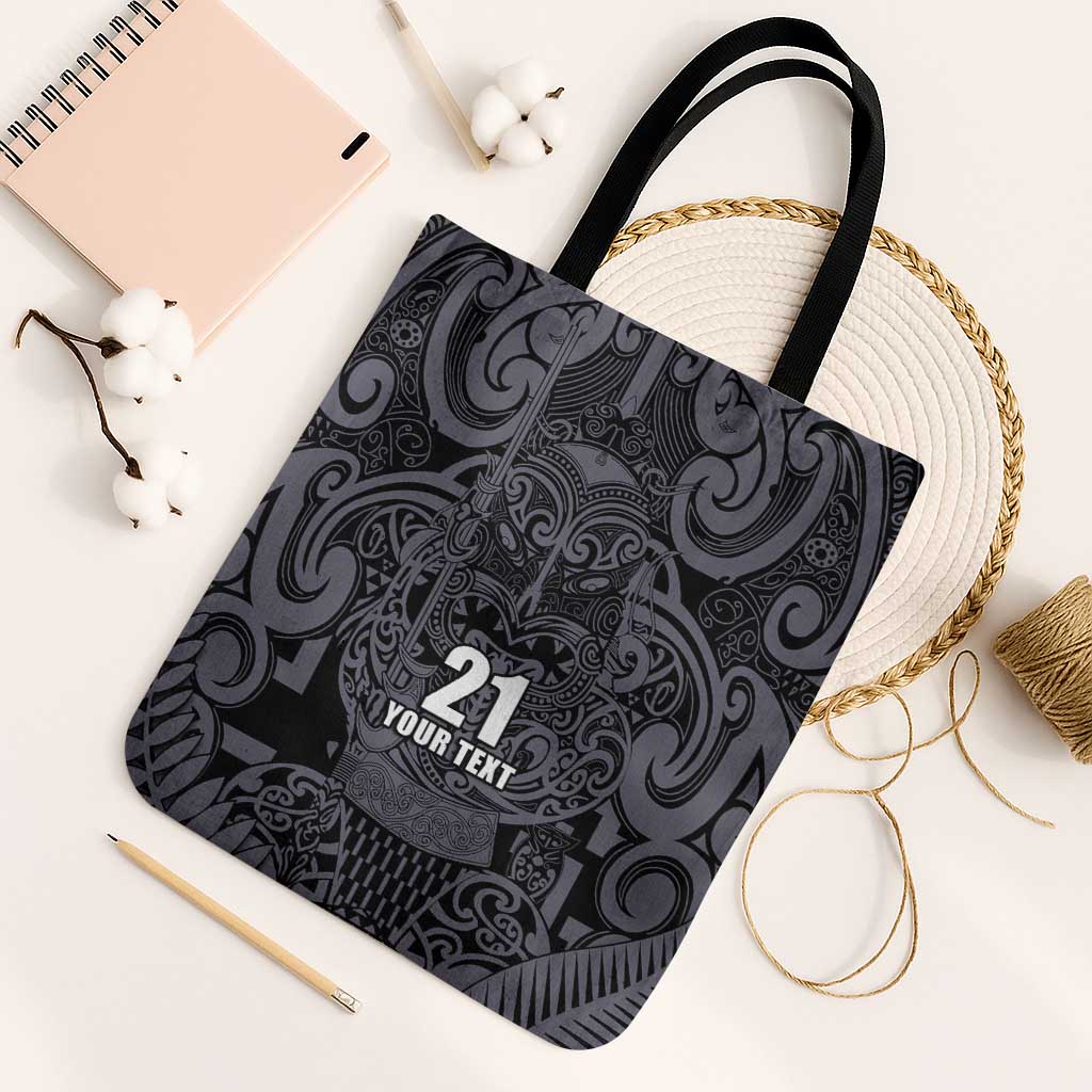 Custom New Zealand Taiaha Maori Tote Bag Minimalist Silver Fern All Black LT9 Black Strap One Size Black - Polynesian Pride