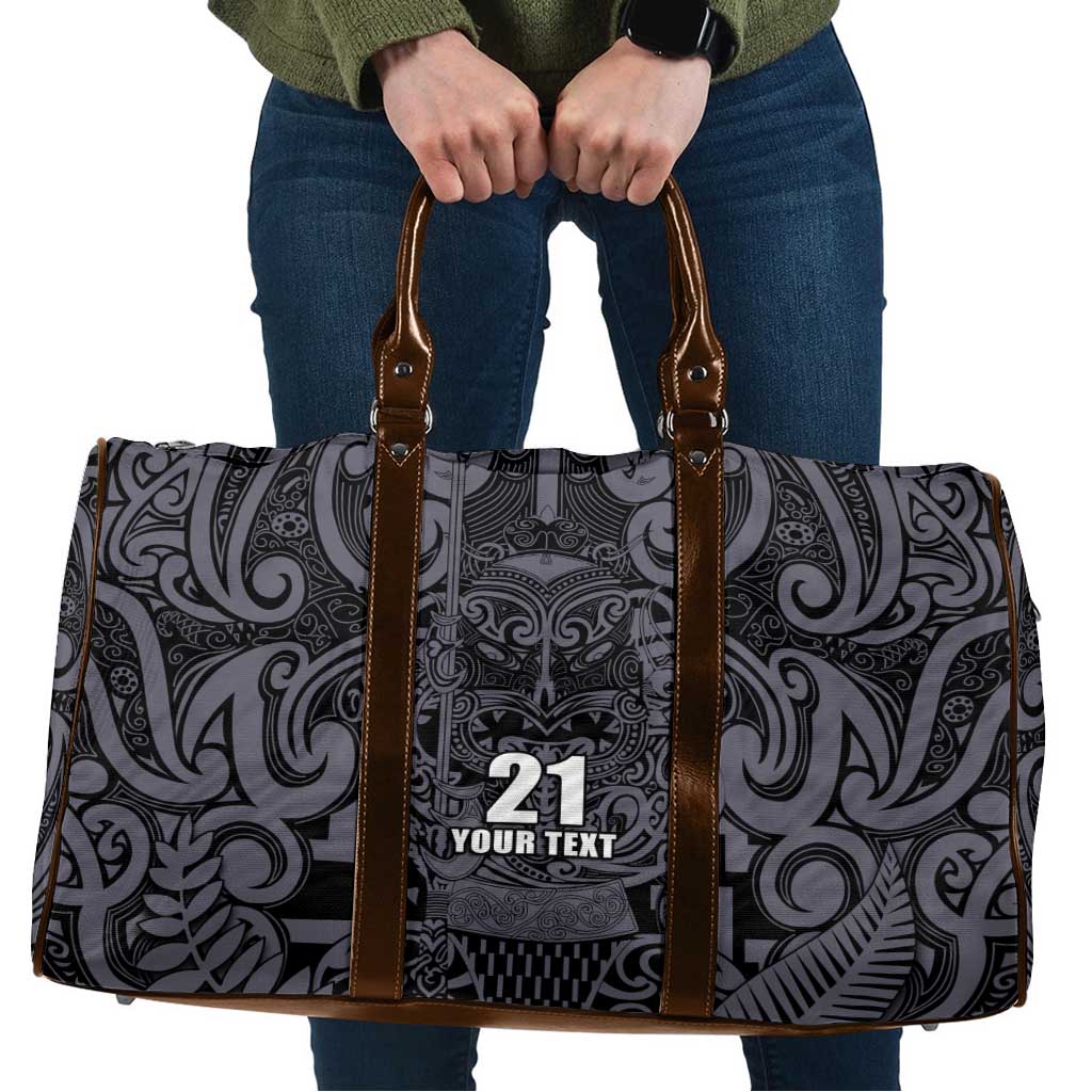 Custom New Zealand Taiaha Maori Travel Bag Minimalist Silver Fern All Black - Polynesian Pride