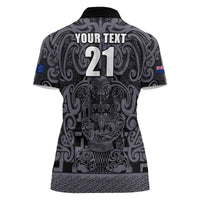 Custom New Zealand Taiaha Maori Women Polo Shirt Minimalist Silver Fern All Black - Polynesian Pride