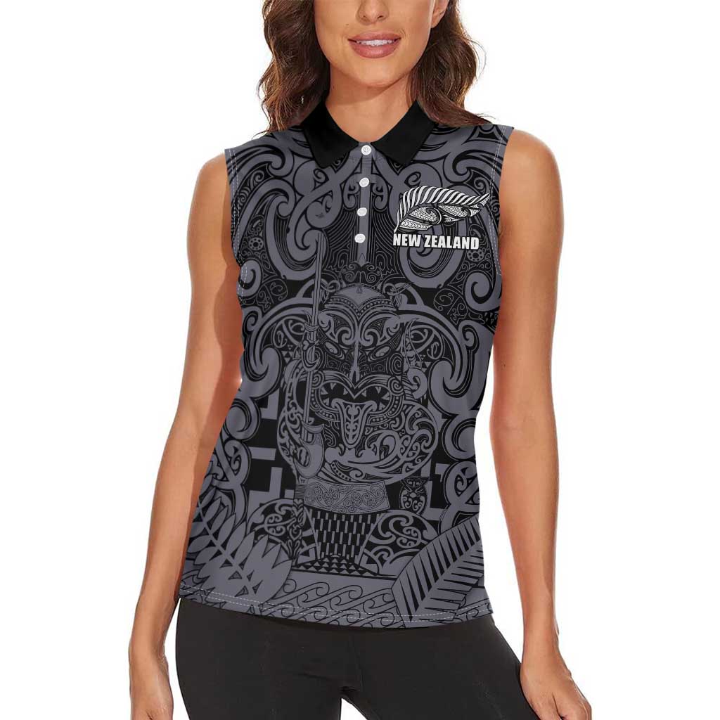Custom New Zealand Taiaha Maori Women Sleeveless Polo Shirt Minimalist Silver Fern All Black LT9 - Polynesian Pride