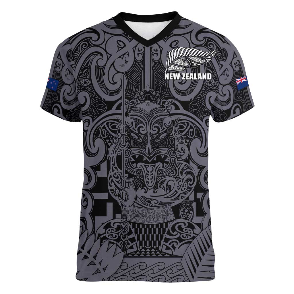 Custom New Zealand Taiaha Maori Women V-Neck T-Shirt Minimalist Silver Fern All Black - Polynesian Pride
