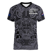 Custom New Zealand Taiaha Maori Women V-Neck T-Shirt Minimalist Silver Fern All Black LT9 Female Black - Polynesian Pride