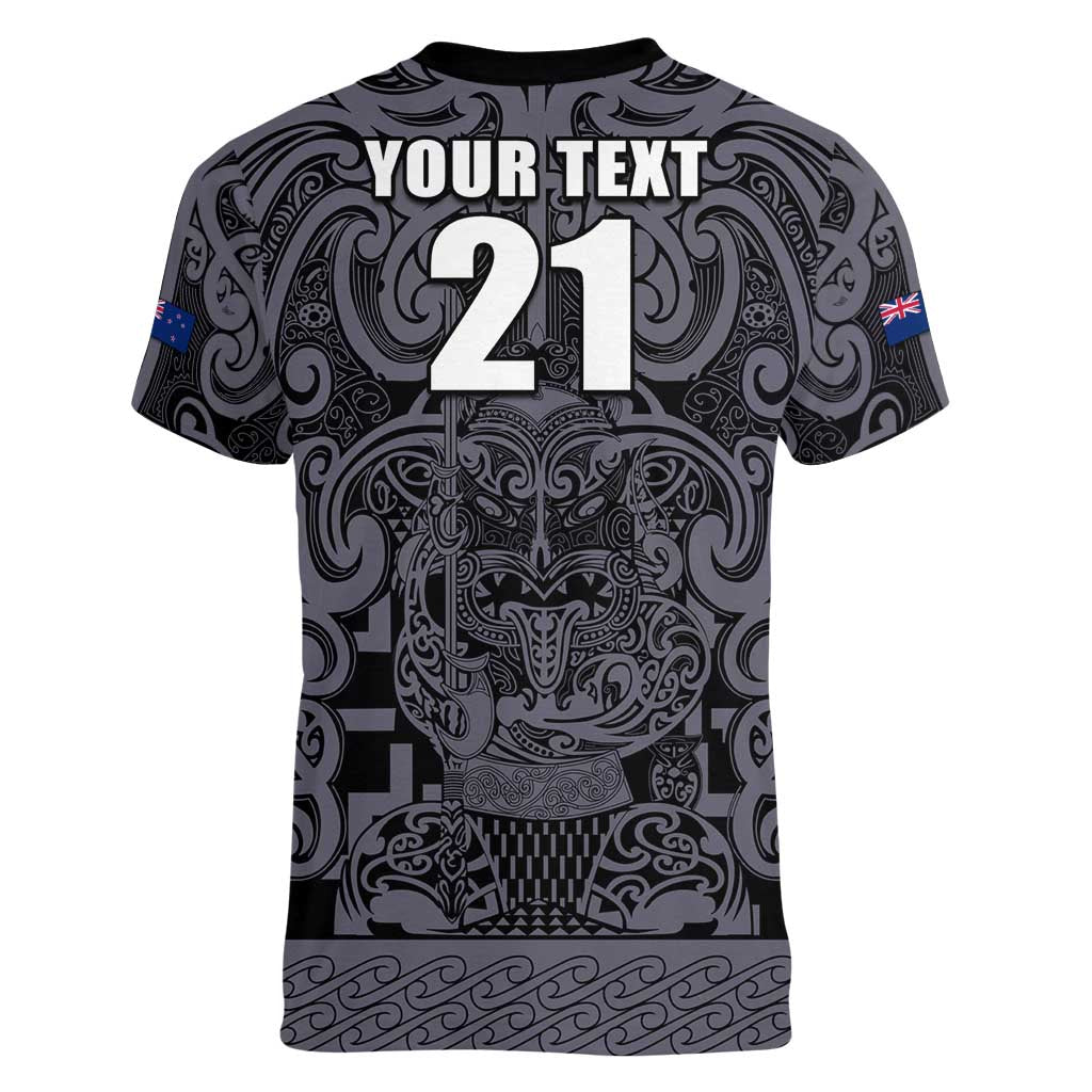 Custom New Zealand Taiaha Maori Women V-Neck T-Shirt Minimalist Silver Fern All Black LT9 - Polynesian Pride