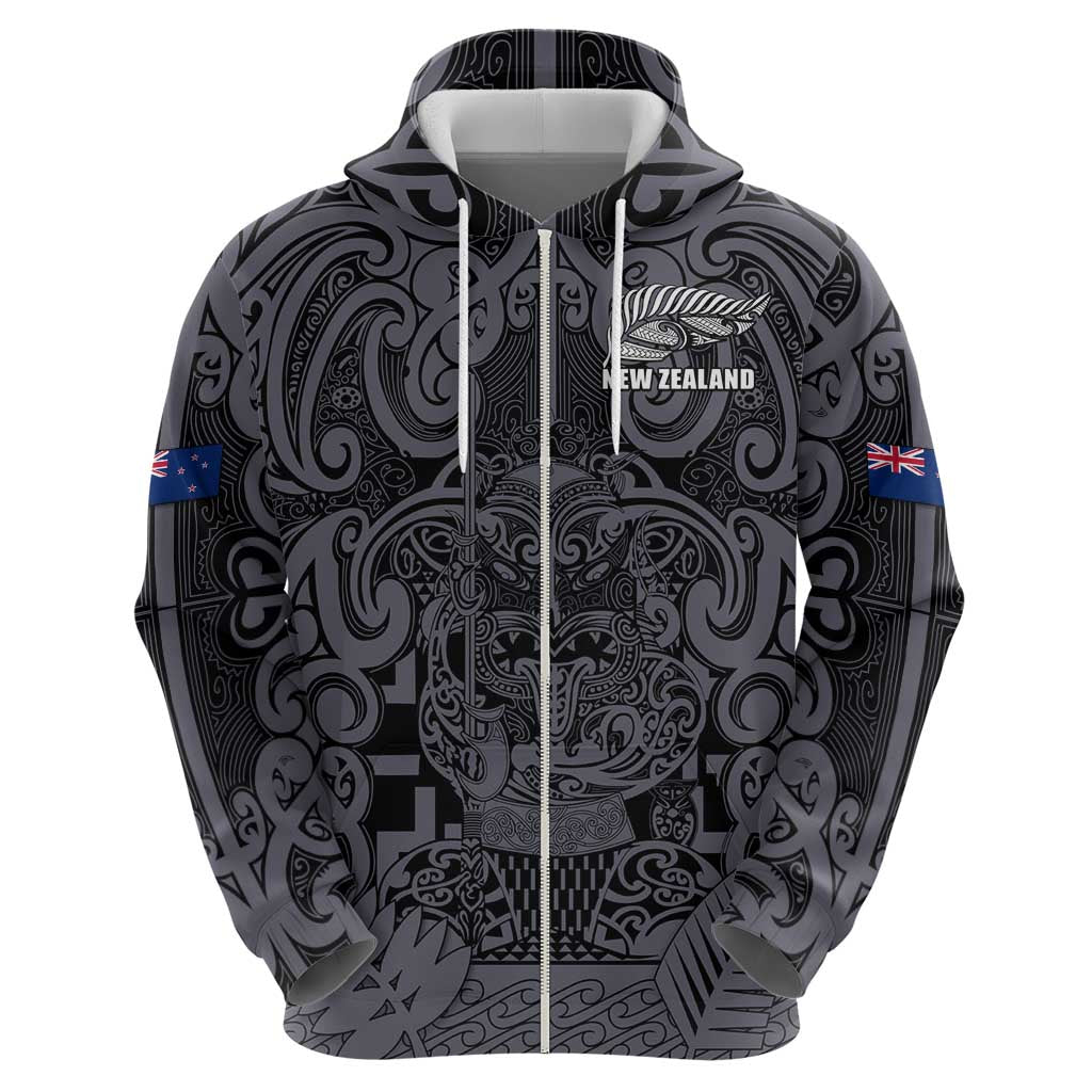 Custom New Zealand Taiaha Maori Zip Hoodie Minimalist Silver Fern All Black LT9 - Polynesian Pride