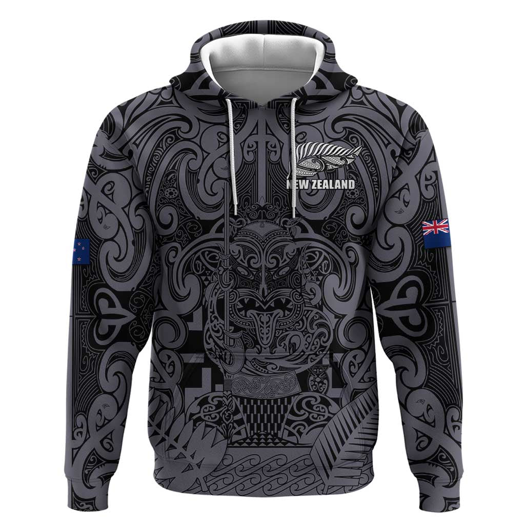 Custom New Zealand Taiaha Maori Zip Hoodie Minimalist Silver Fern All Black LT9 Pullover Hoodie Black - Polynesian Pride