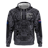 Custom New Zealand Taiaha Maori Zip Hoodie Minimalist Silver Fern All Black LT9 Pullover Hoodie Black - Polynesian Pride